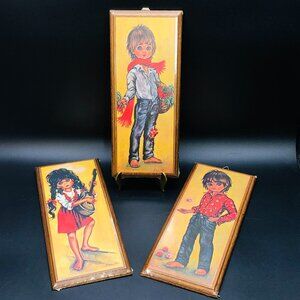 60s Big Eye Kid Print Wood Plaque Wall Hanging Set of 3 New Old Stock Boho Gypsy